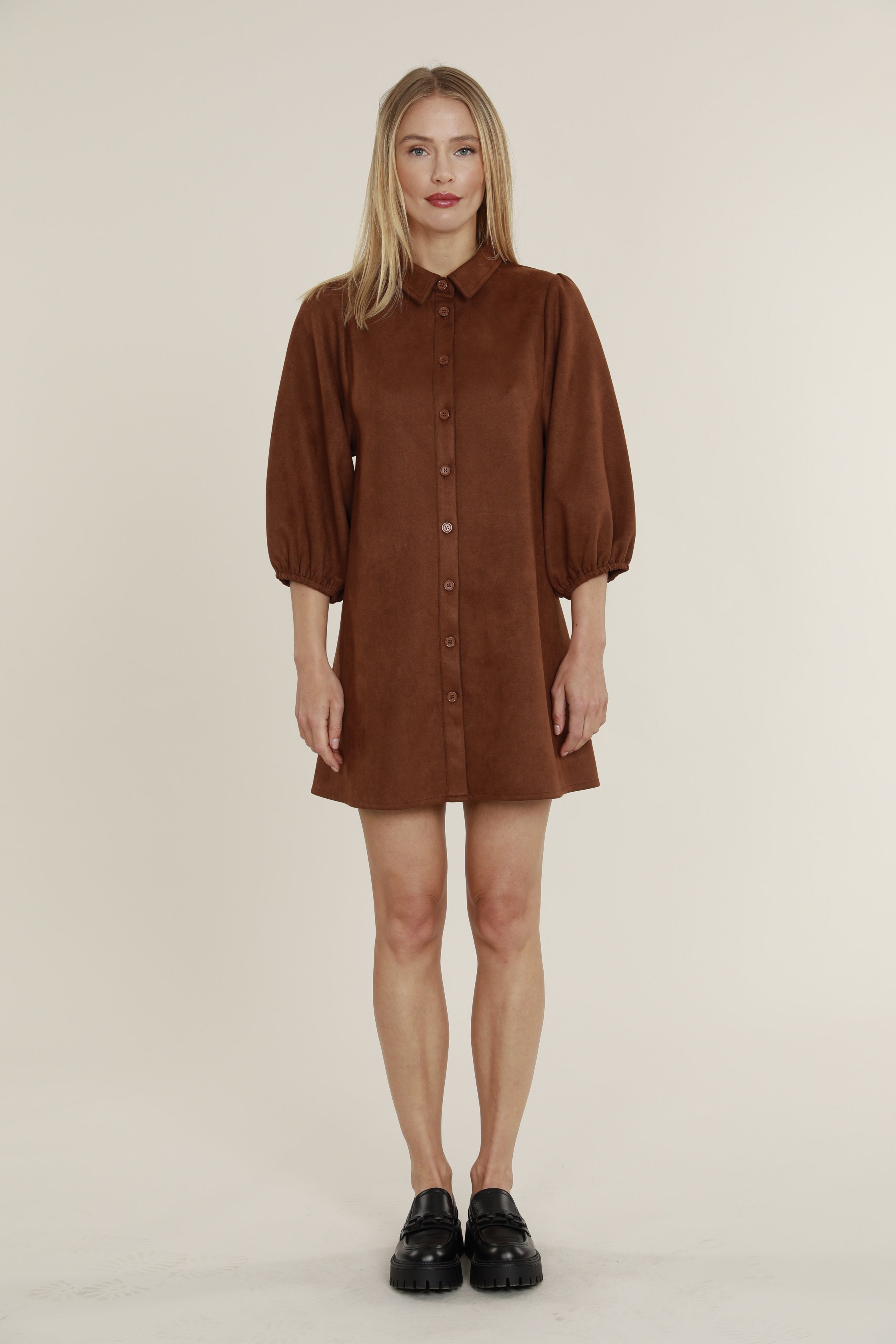 Faux Suede Puff Sleeve Shirt Dress