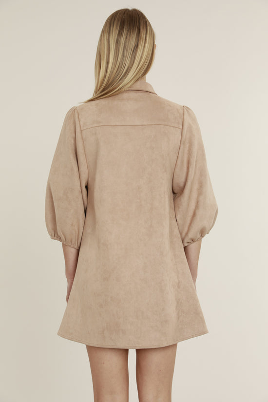 Faux Suede Puff Sleeve Shirt Dress