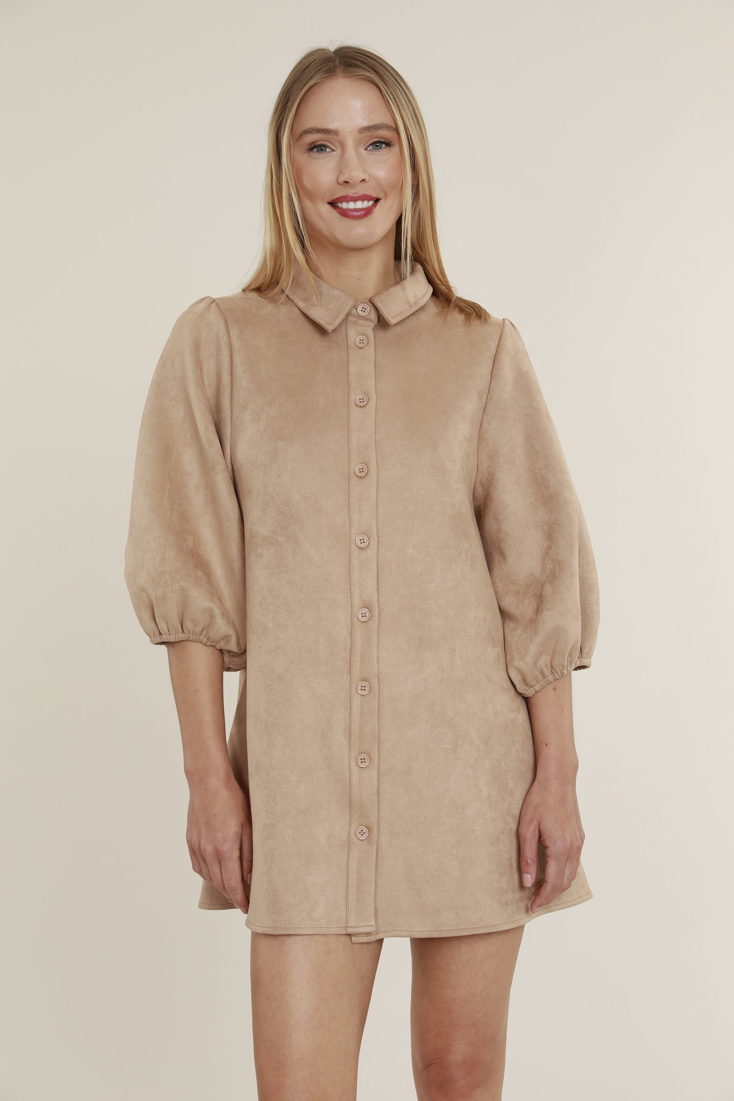Faux Suede Puff Sleeve Shirt Dress