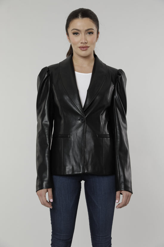 Load image into Gallery viewer, Faux Leather Puff Shoulder Blazer
