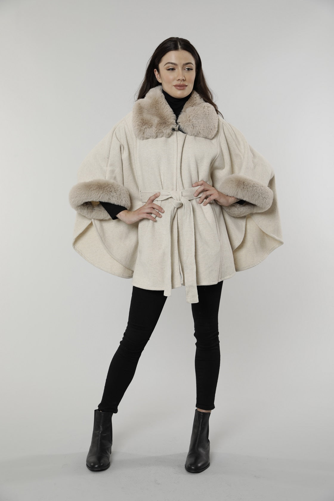Load image into Gallery viewer, Faux Fur Trim Belted Cape
