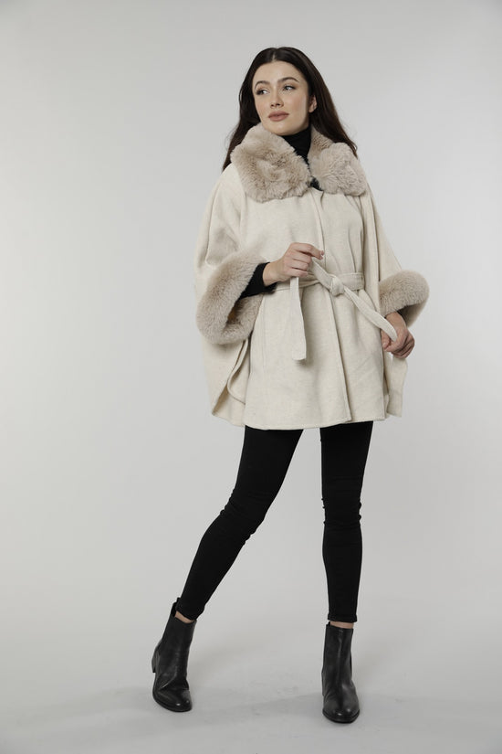 Load image into Gallery viewer, Faux Fur Trim Belted Cape
