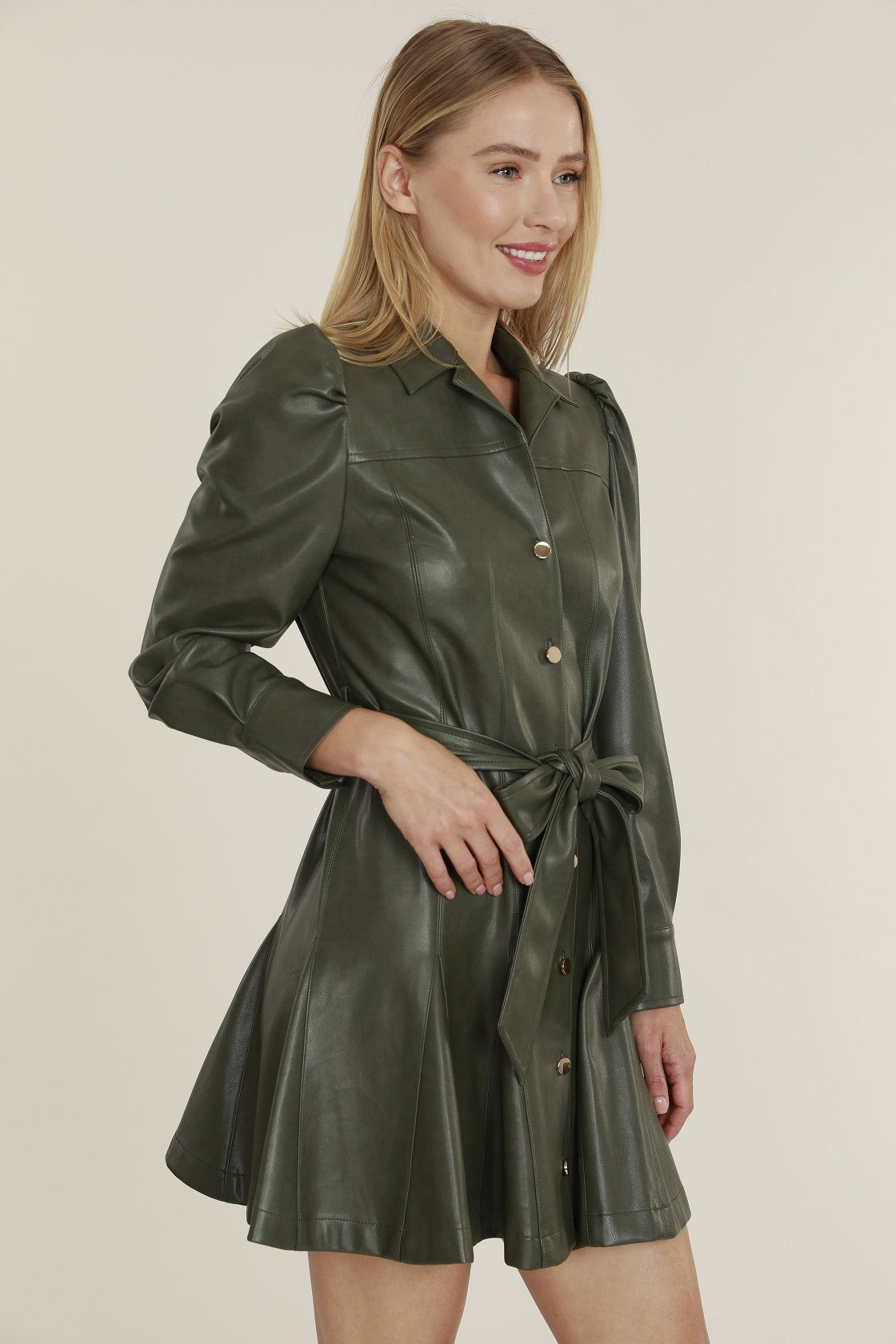FAUX LEATHER BELTED DRESS - Khaki