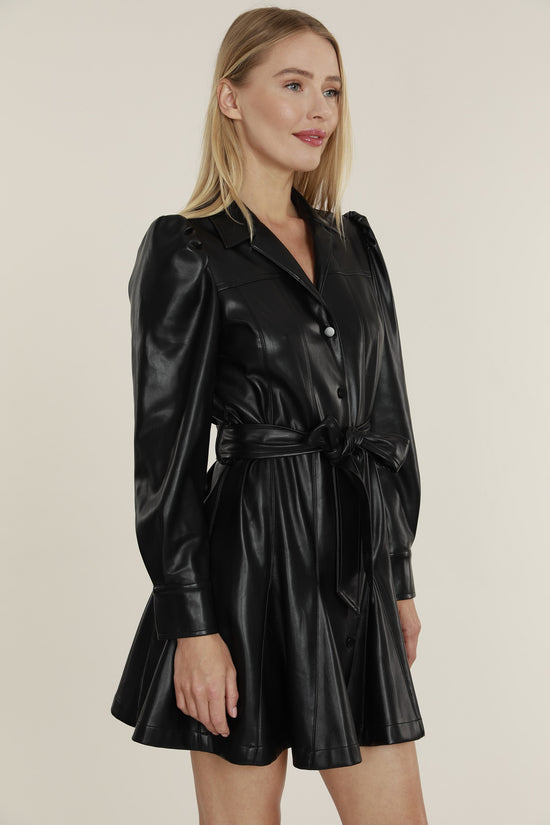 Black Faux Leather Dress Long Sleeve Collared Belted PU