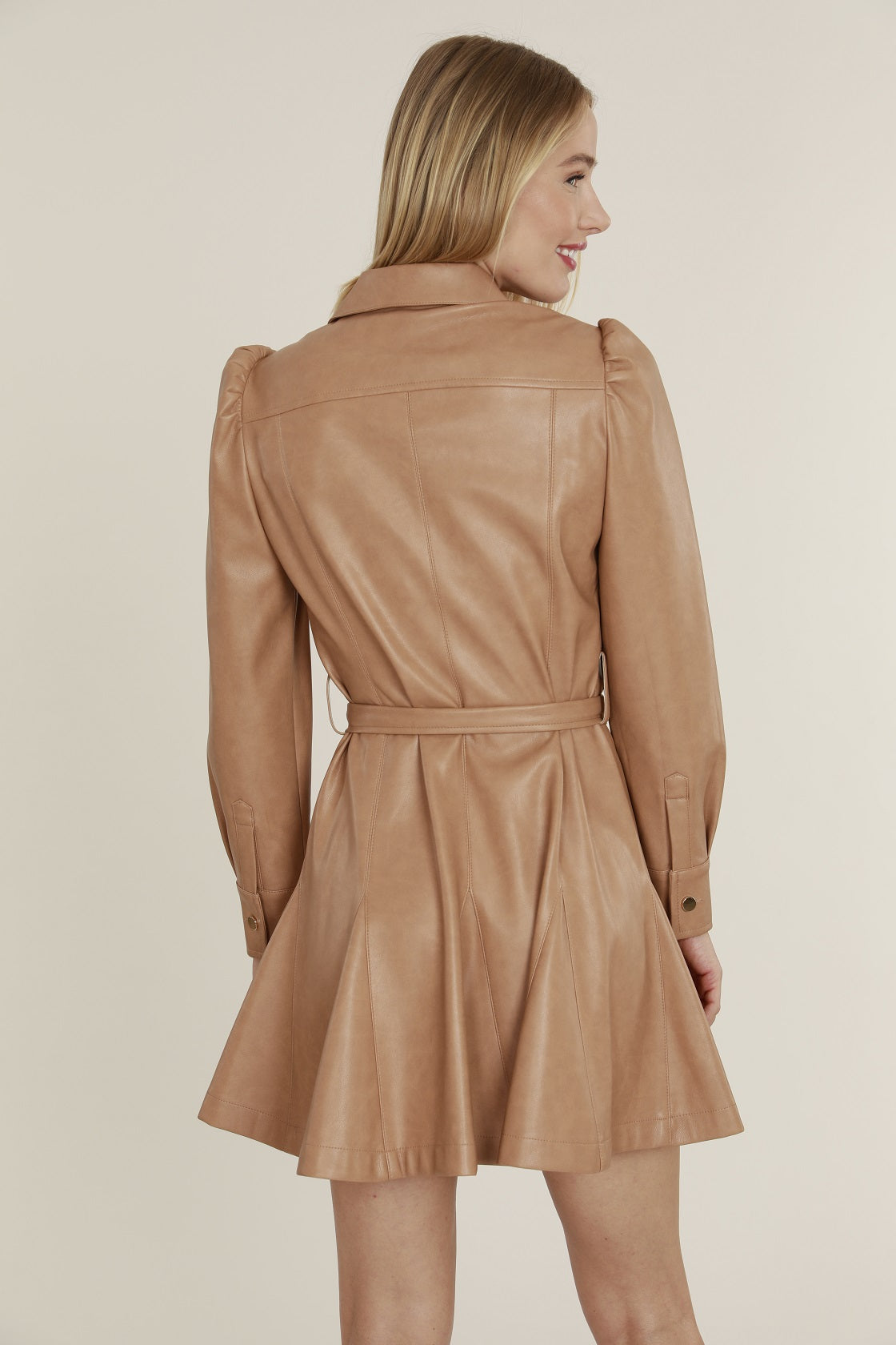 Load image into Gallery viewer, Vegan Leather Puff Shoulder Belted Dress
