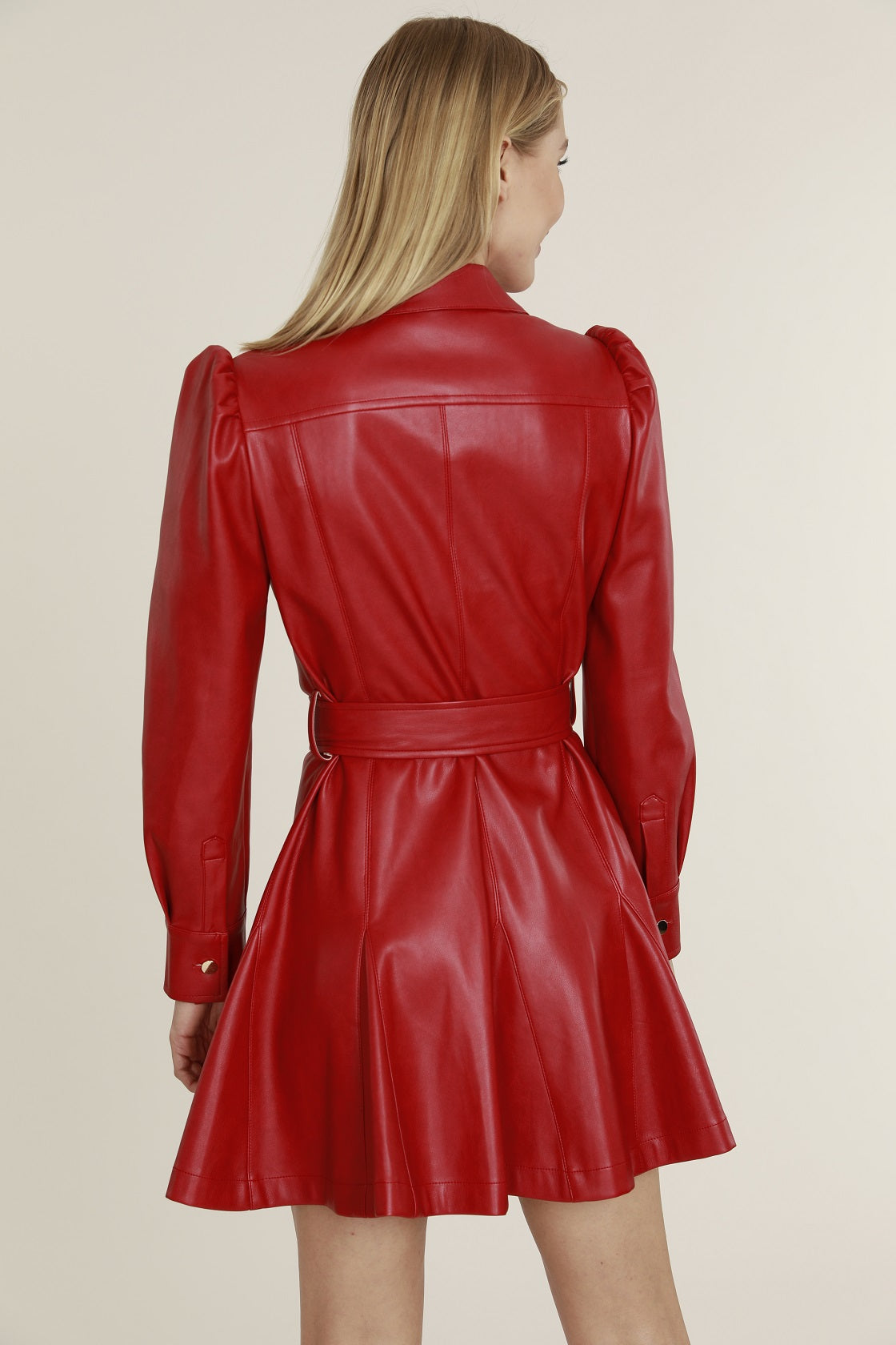 Load image into Gallery viewer, Vegan Leather Puff Shoulder Belted Dress

