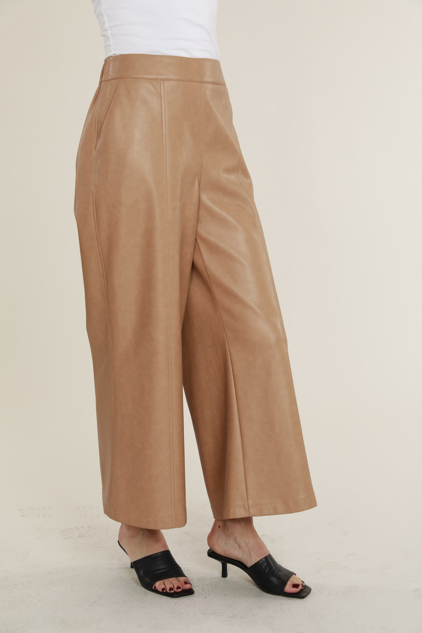 Ladies Cropped Wide Leg Brown Crop Pure Cotton Capri Trousers Pants