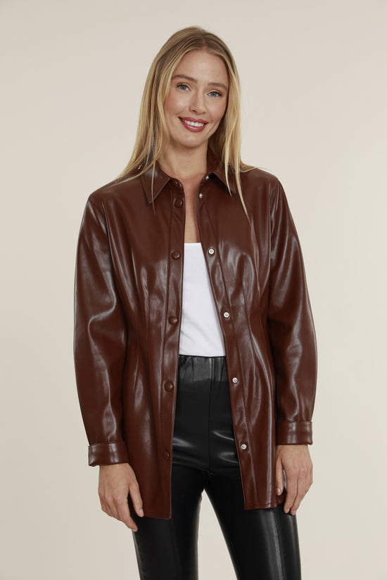 Faux Leather Button Up Pintuck Shirt