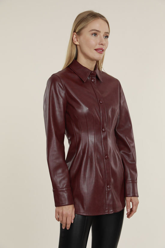Faux Leather Button Up Pintuck Shirt