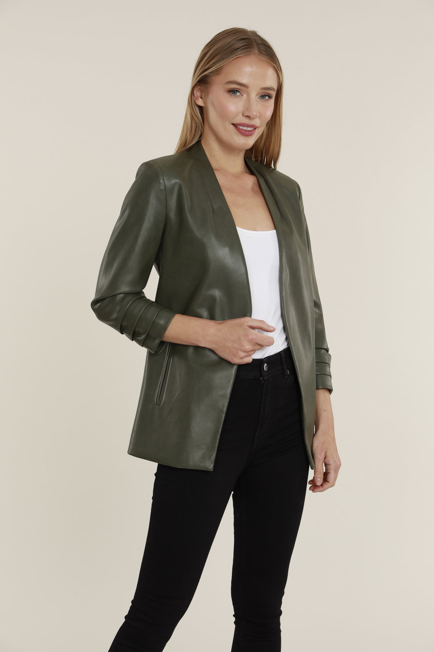 Load image into Gallery viewer, Vegan Ruched Sleeve Blazer
