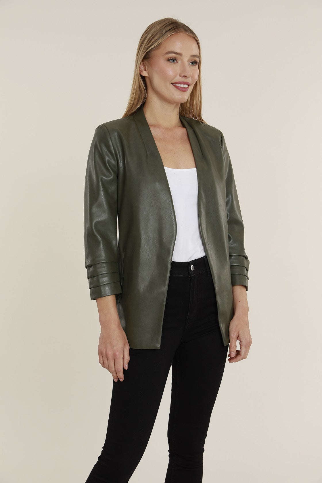 Load image into Gallery viewer, Faux Leather Ruched Sleeve Blazer
