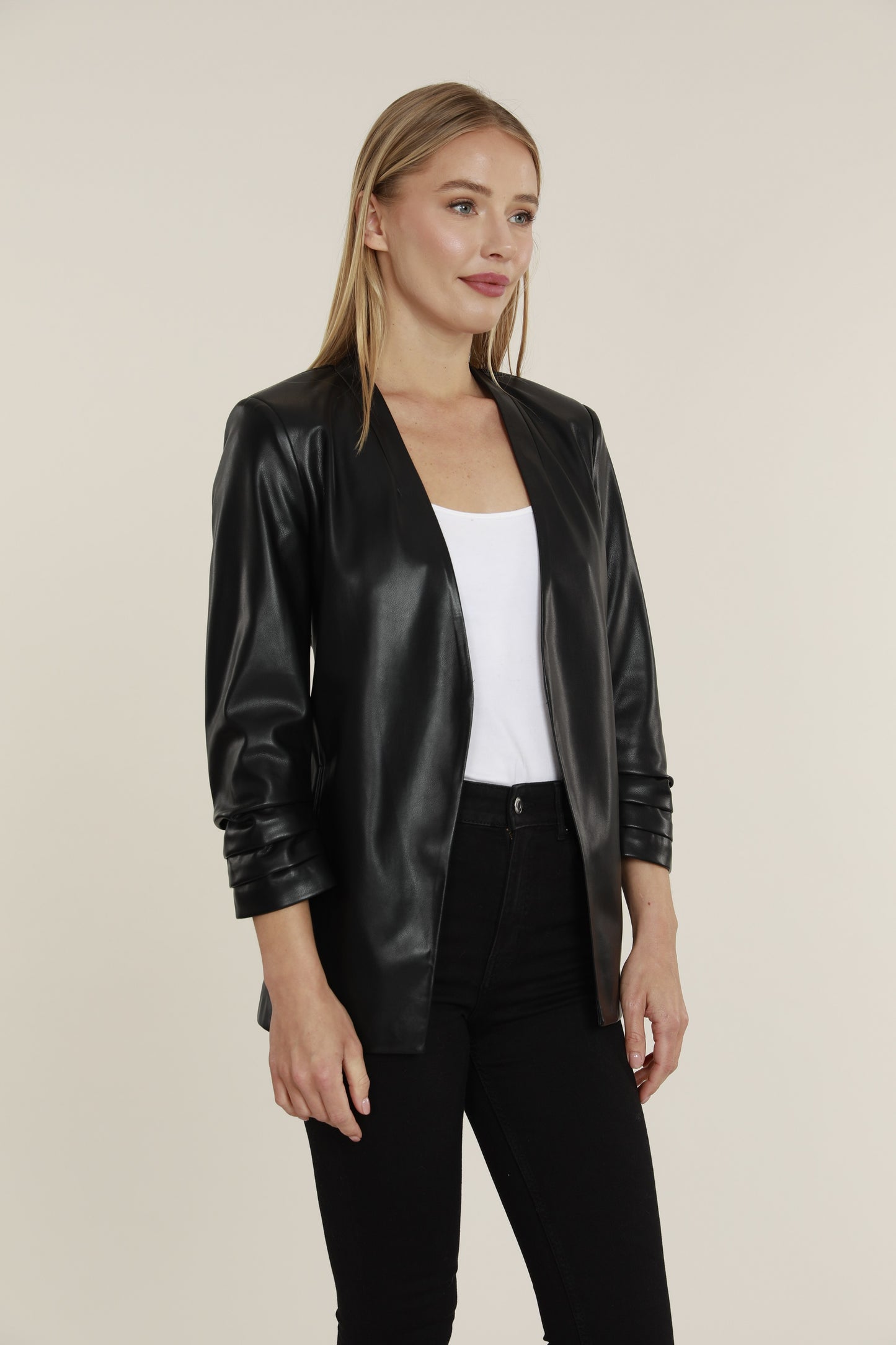 Load image into Gallery viewer, Vegan Ruched Sleeve Blazer
