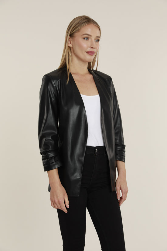Faux Leather Ruched Sleeve Blazer