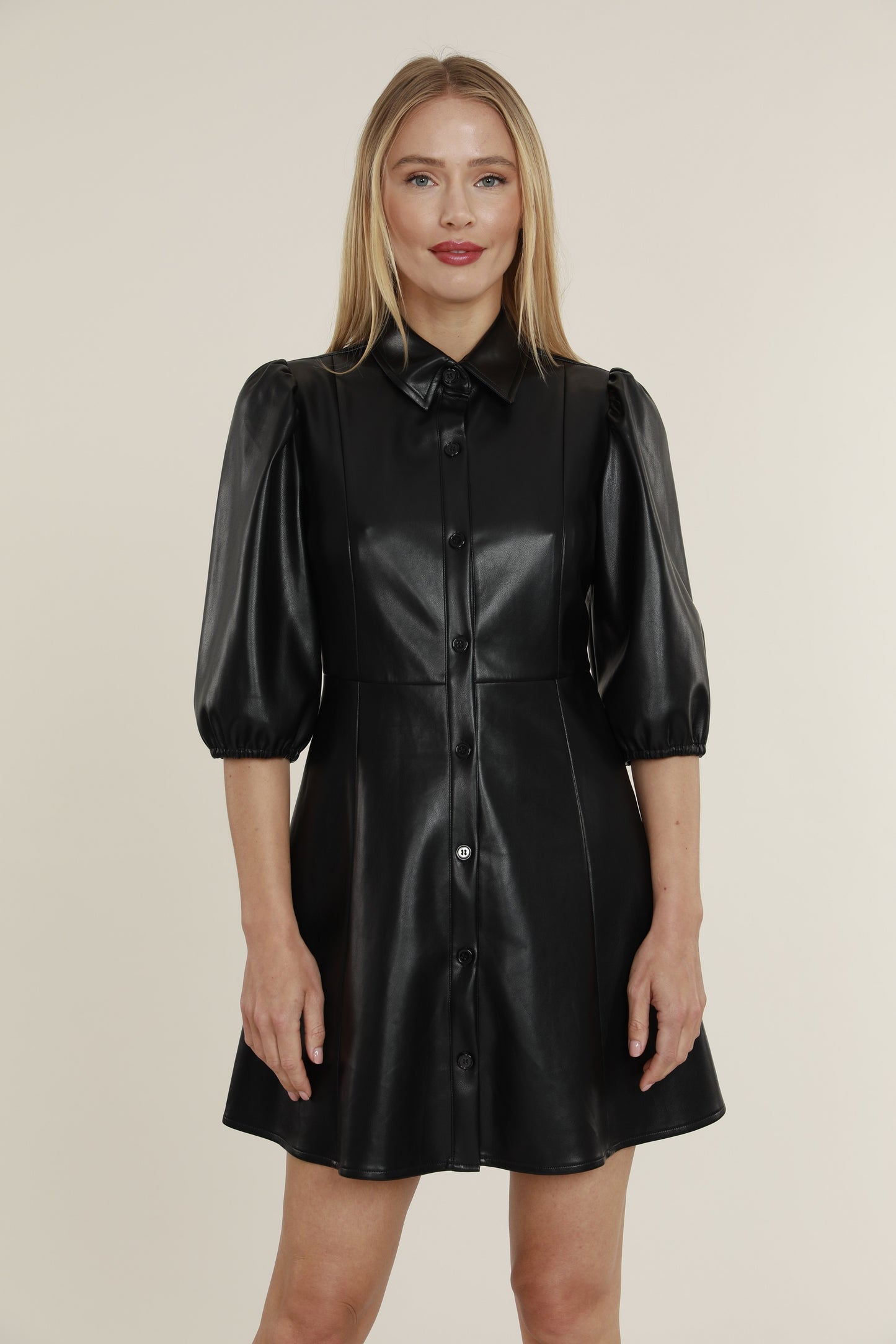 Load image into Gallery viewer, Faux Leather Skater Dress with Puff Sleeves
