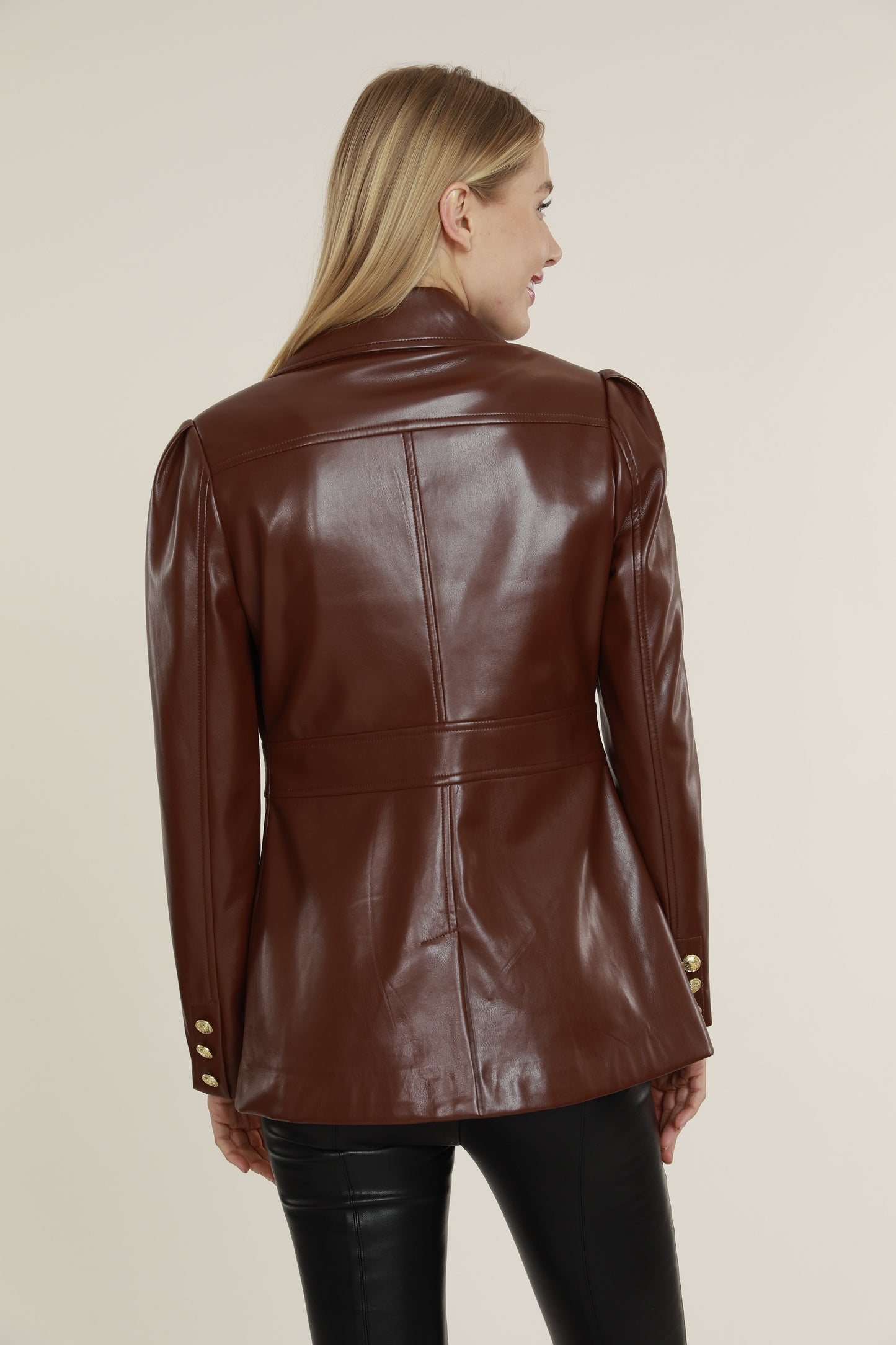 Faux Leather Blazer with Gold Buttons