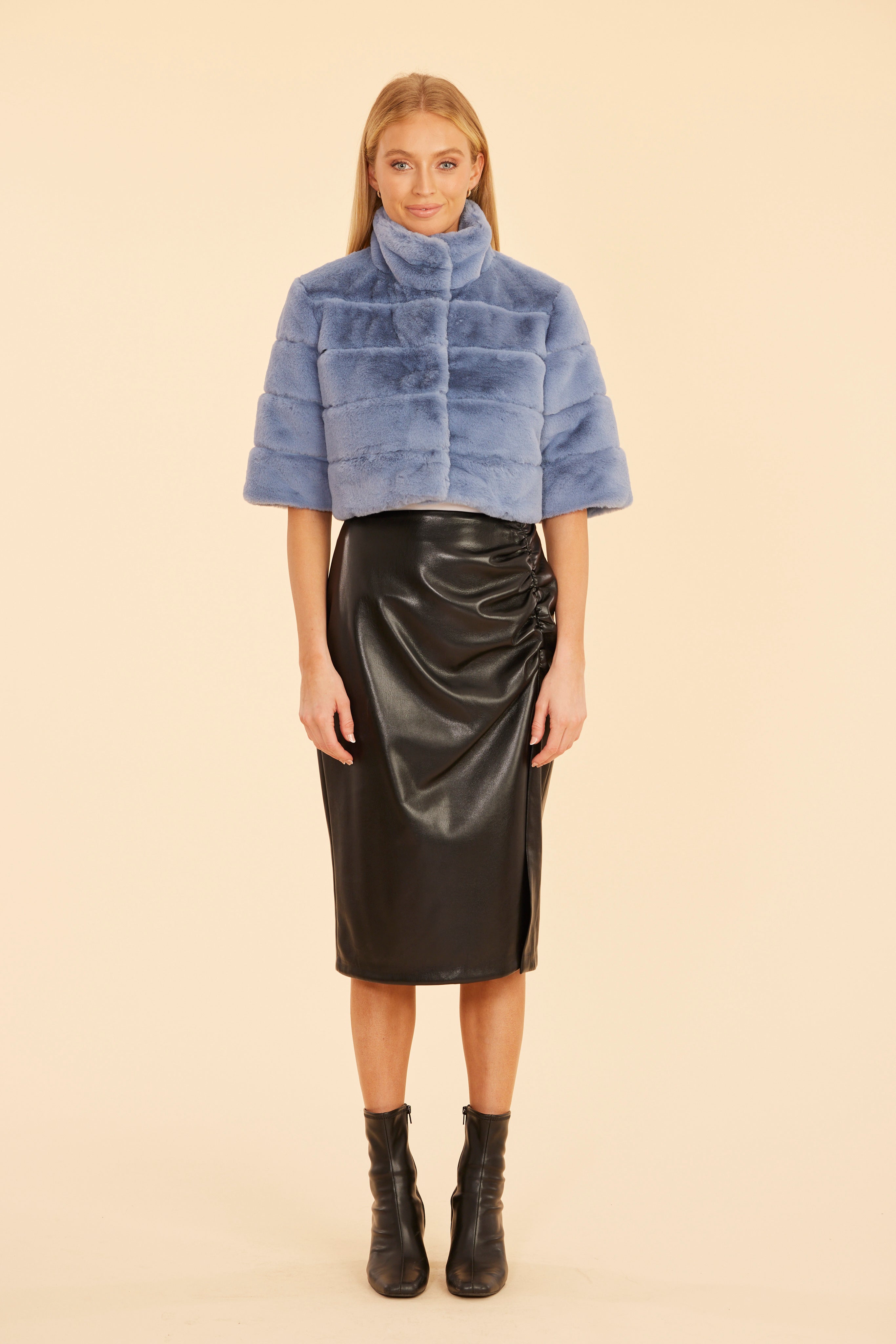 Faux Leather Ruched Side Slit Skirt – Dolce Cabo