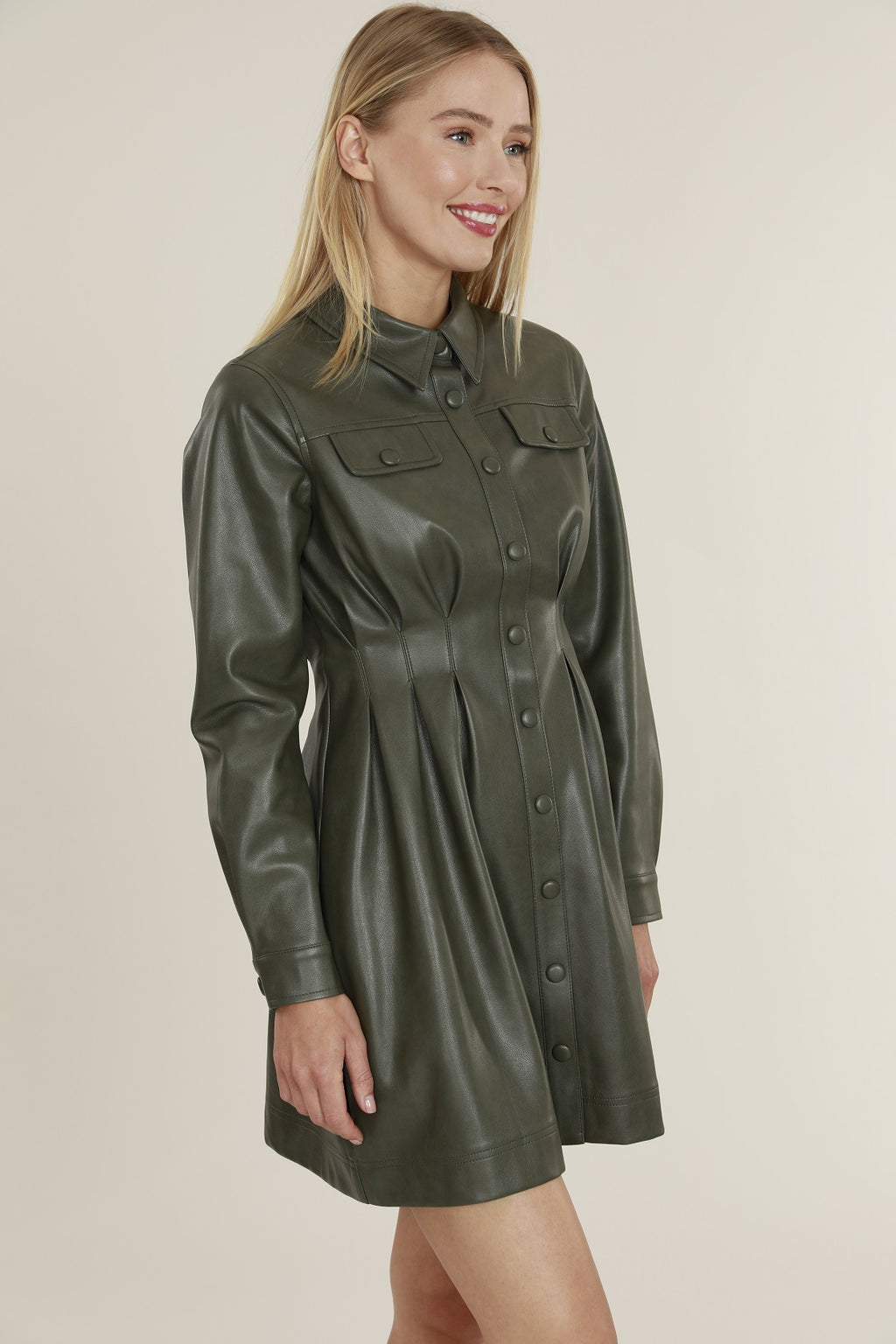 Faux Leather Shirt Dress with Pintuck Waist