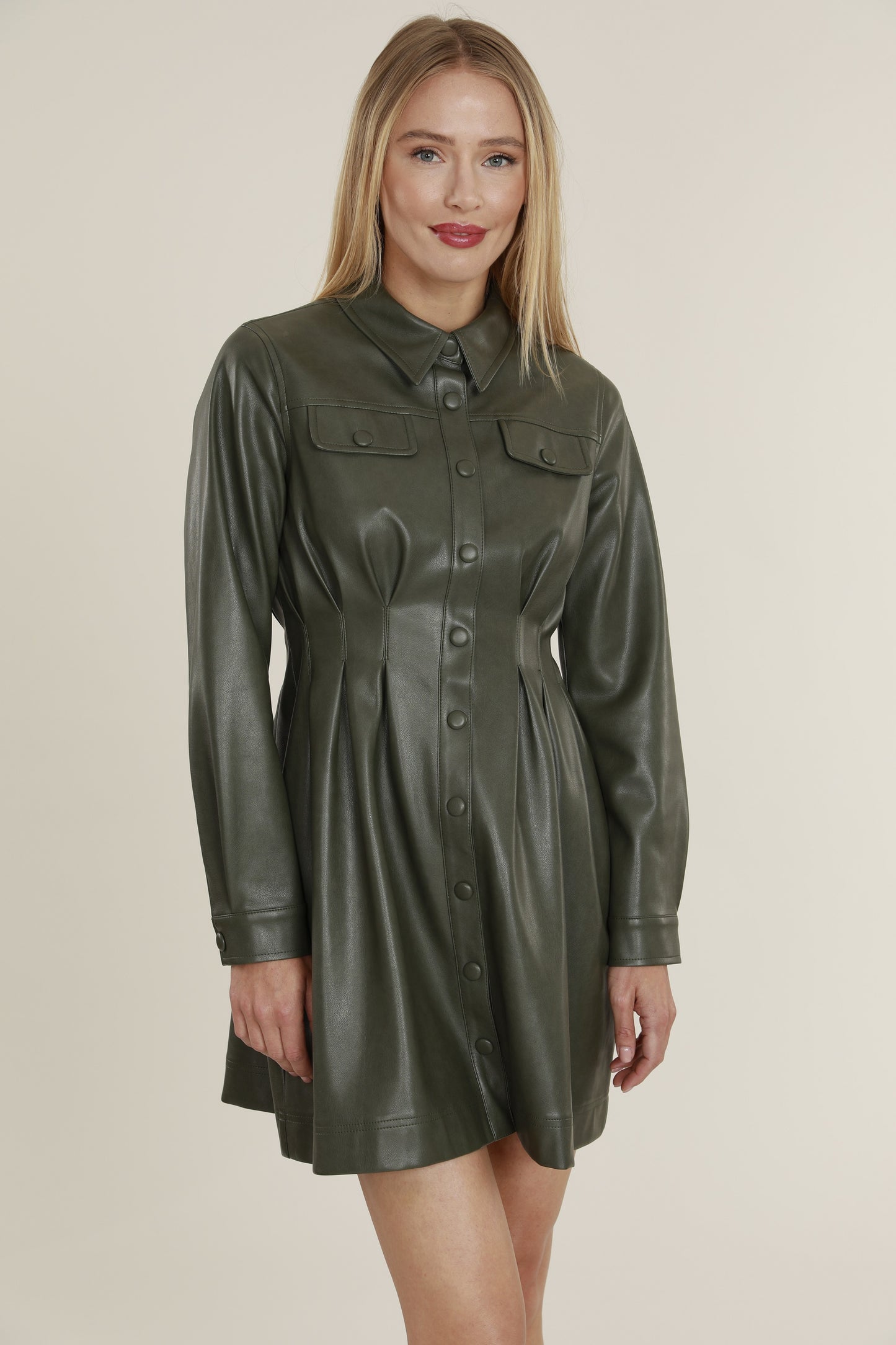 Faux Leather Shirt Dress with Pintuck Waist
