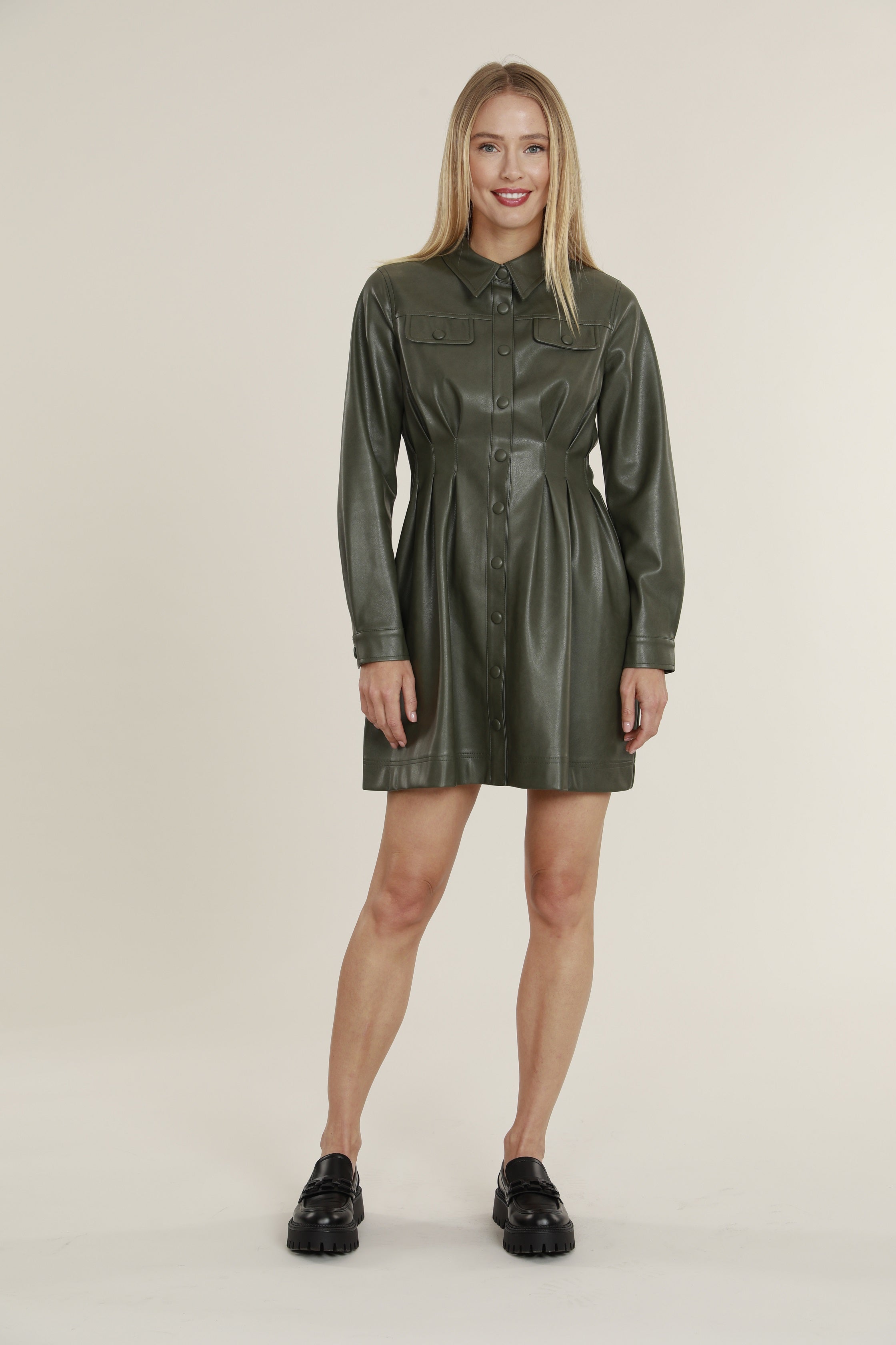 Faux Leather Shirt Dress with Pintuck Waist Ivory / S