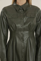 Faux Leather Shirt Dress with Pintuck Waist
