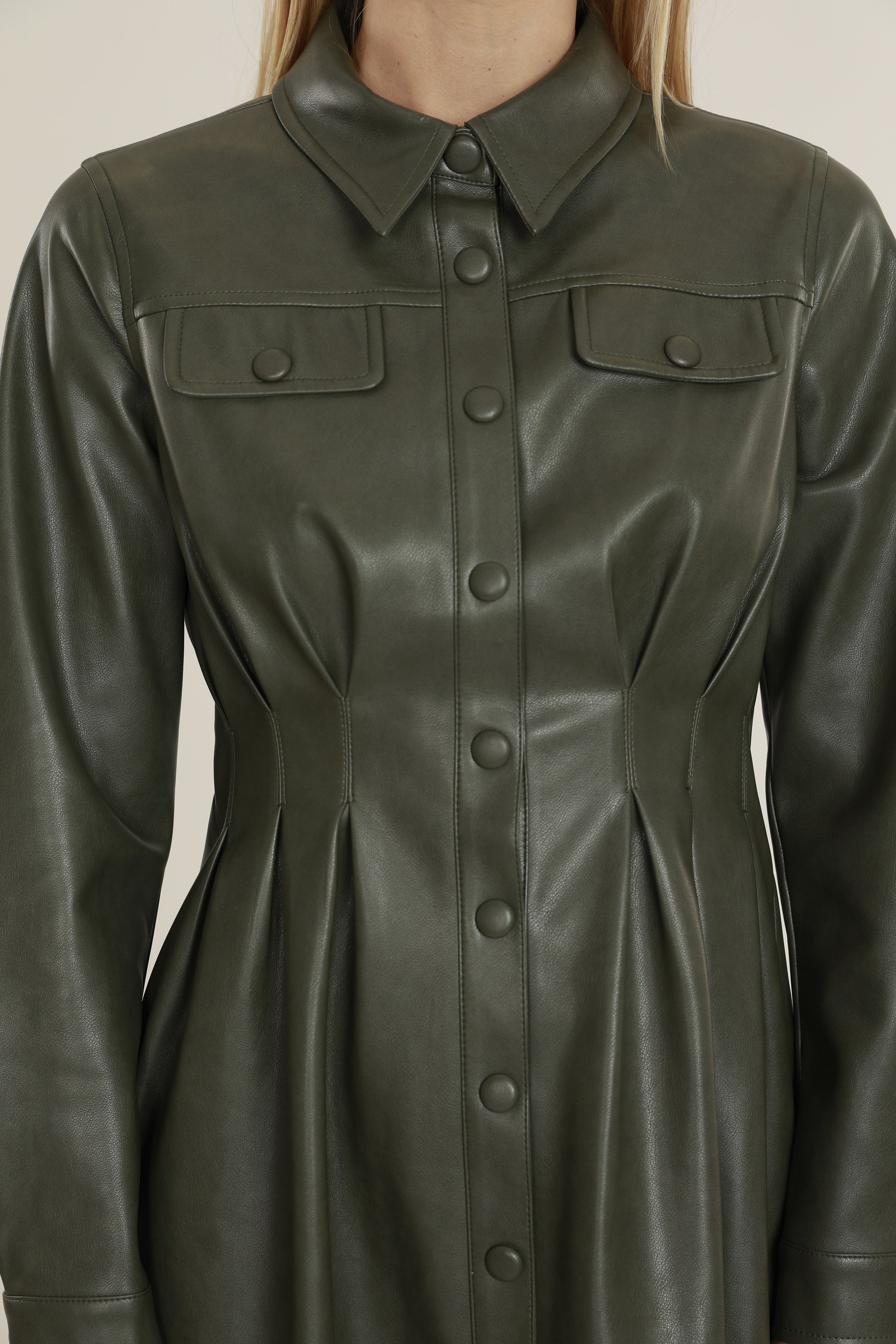 Faux Leather Shirt Dress with Pintuck Waist Ivory / S