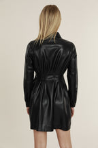 Faux Leather Shirt Dress with Pintuck Waist