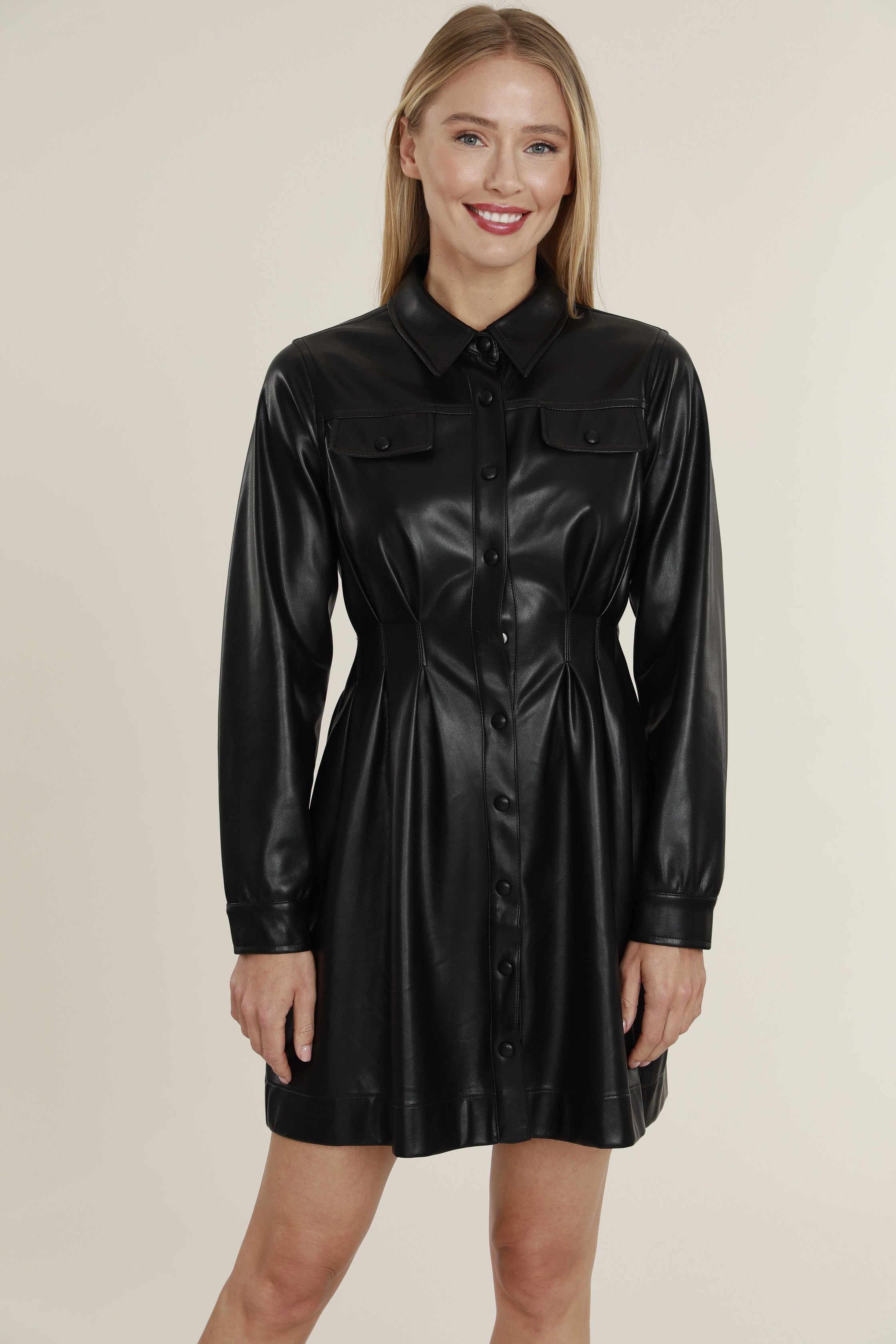 Faux Leather Shirt Dress with Pintuck Waist Ivory / S