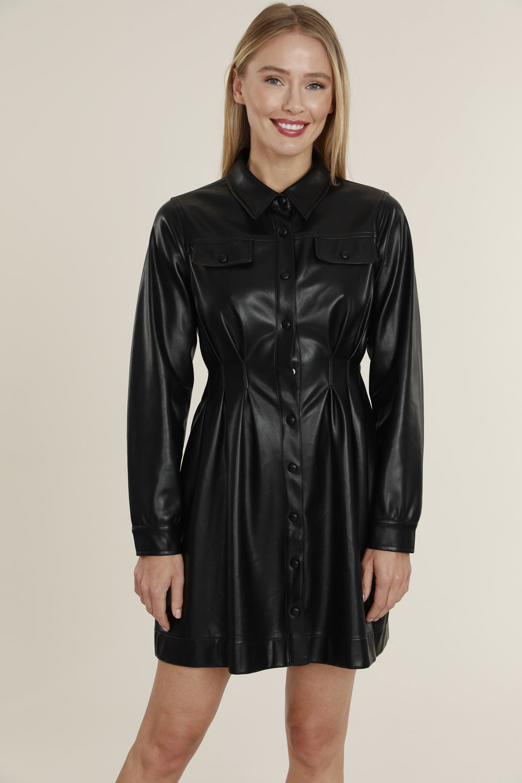 Faux Leather Shirt Dress with Pintuck Waist