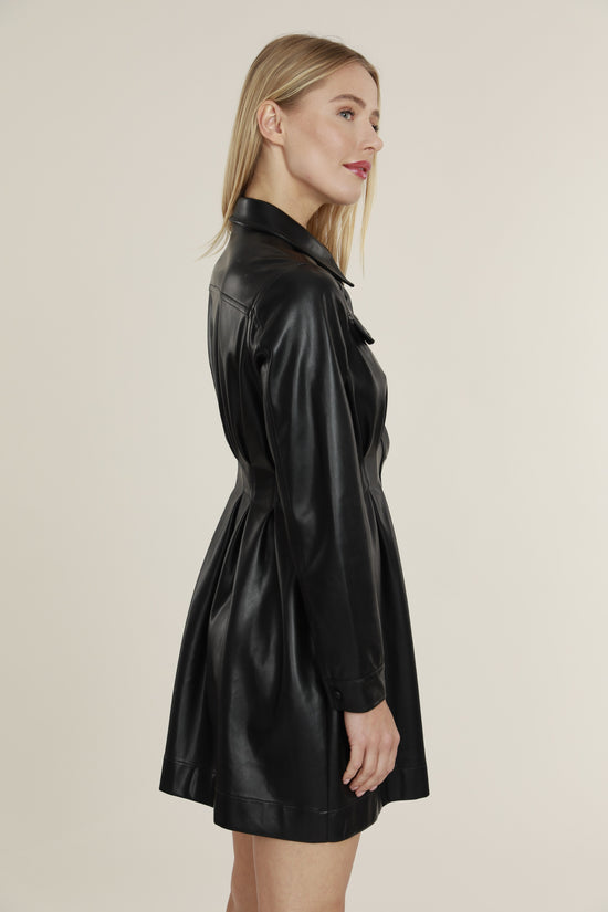 Faux Leather Shirt Dress with Pintuck Waist
