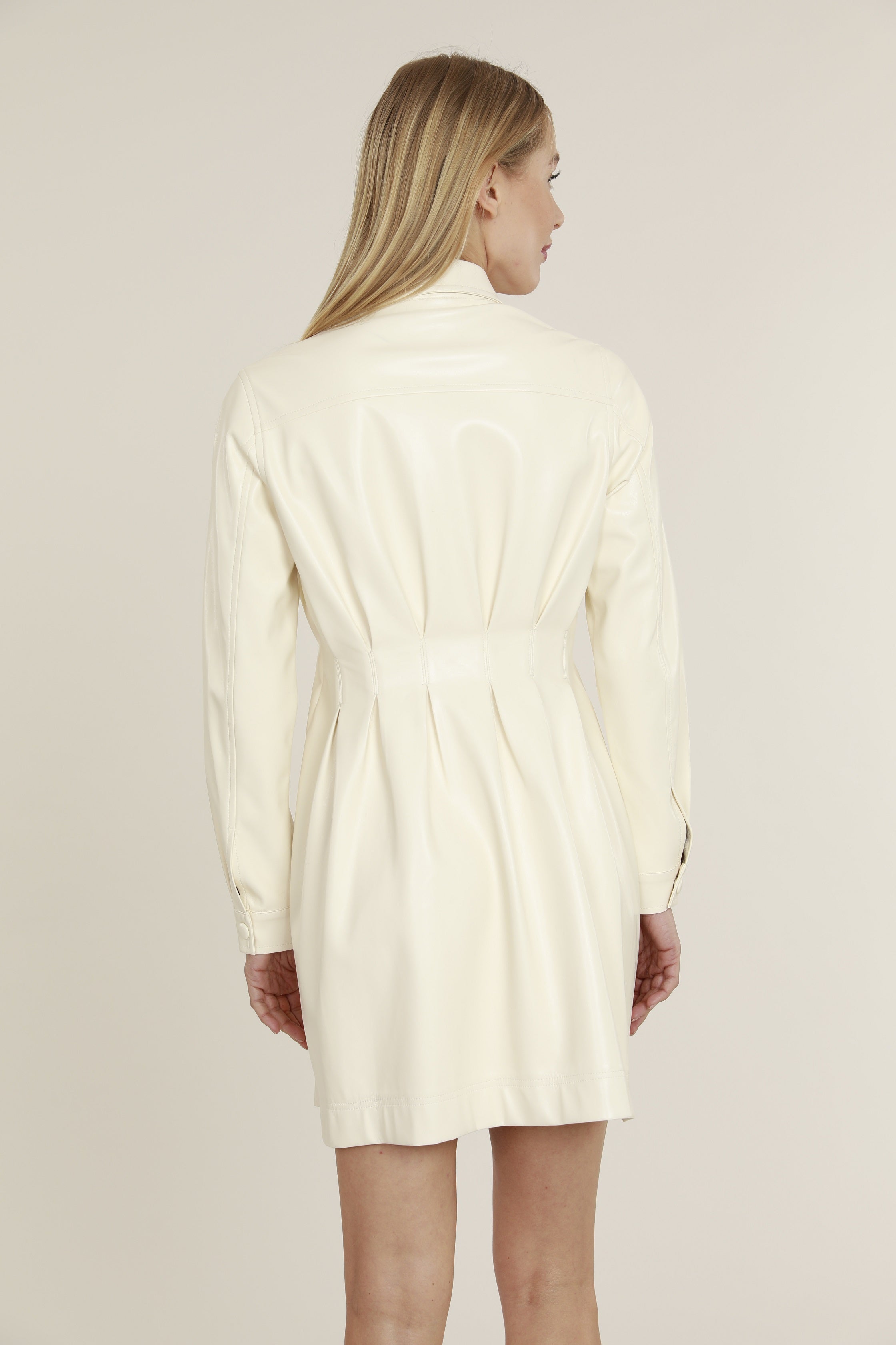 Faux Leather Shirt Dress with Pintuck Waist Ivory / S