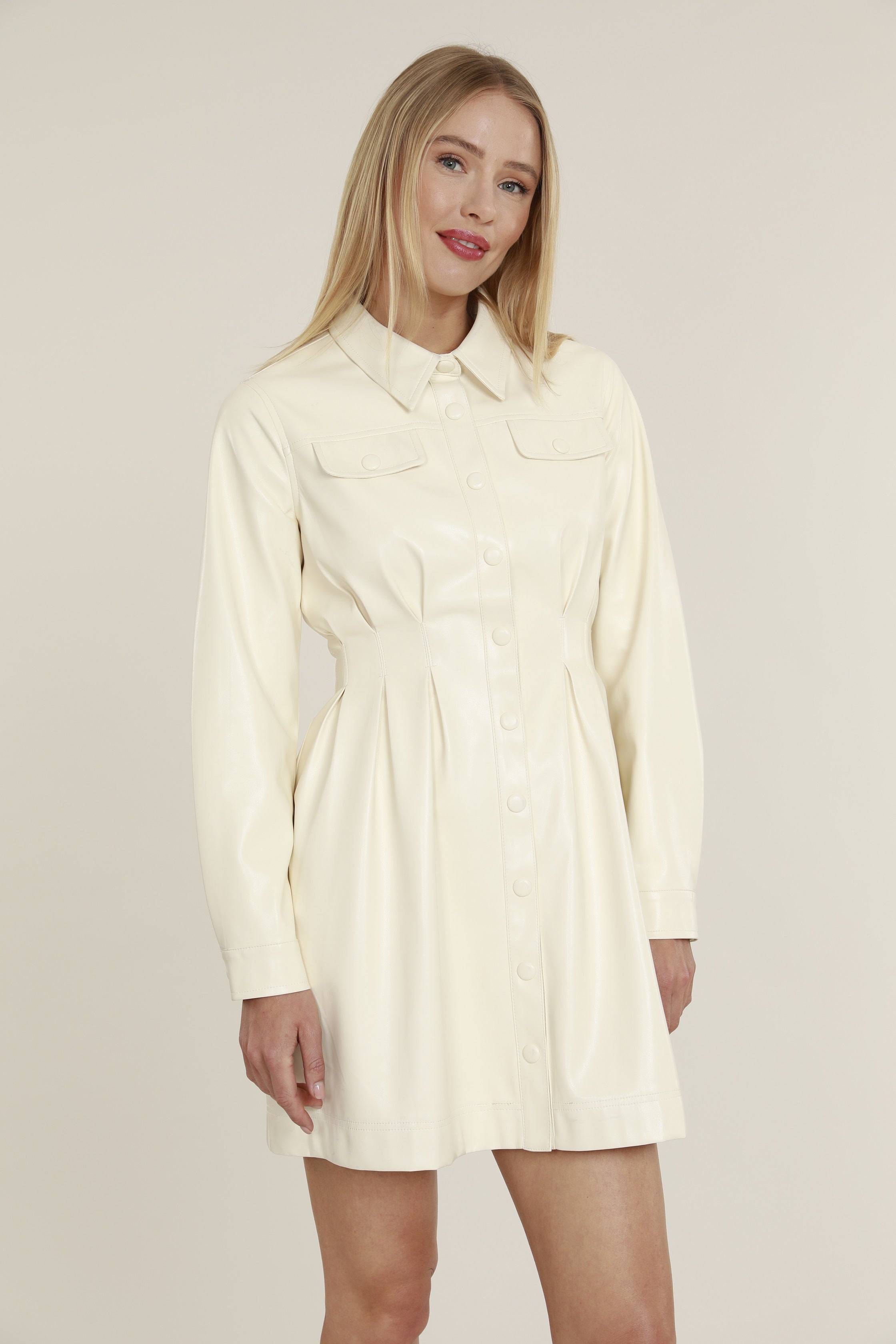 Faux Leather Shirt Dress with Pintuck Waist Ivory / S
