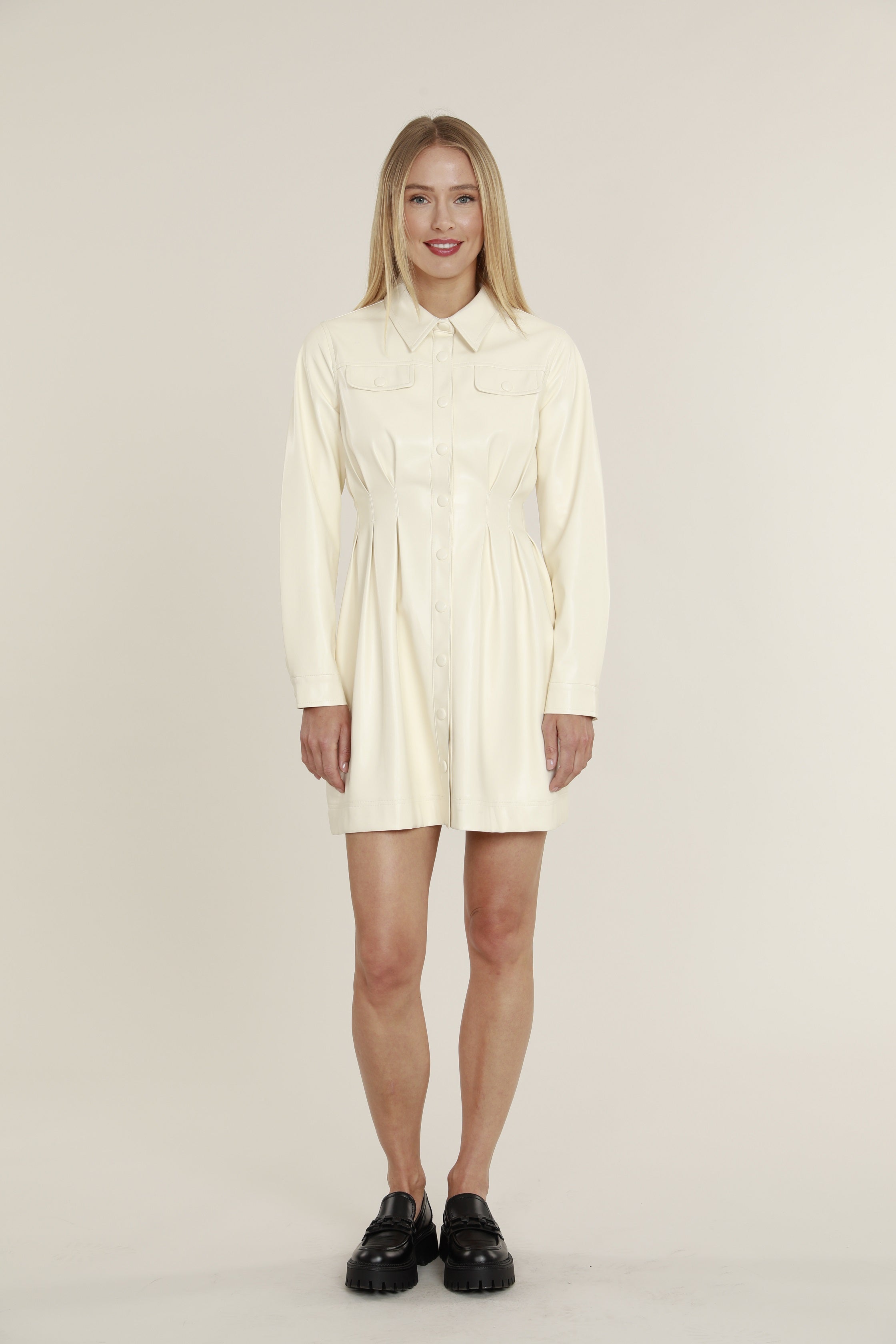 green emerald velvet dress Faux Leather Shirt Dress with Pintuck Waist Ivory / S