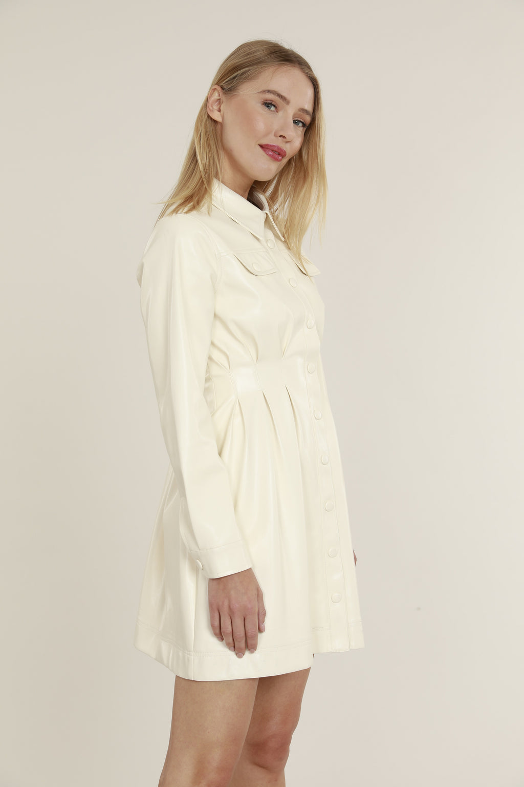 Faux Leather Shirt Dress with Pintuck Waist