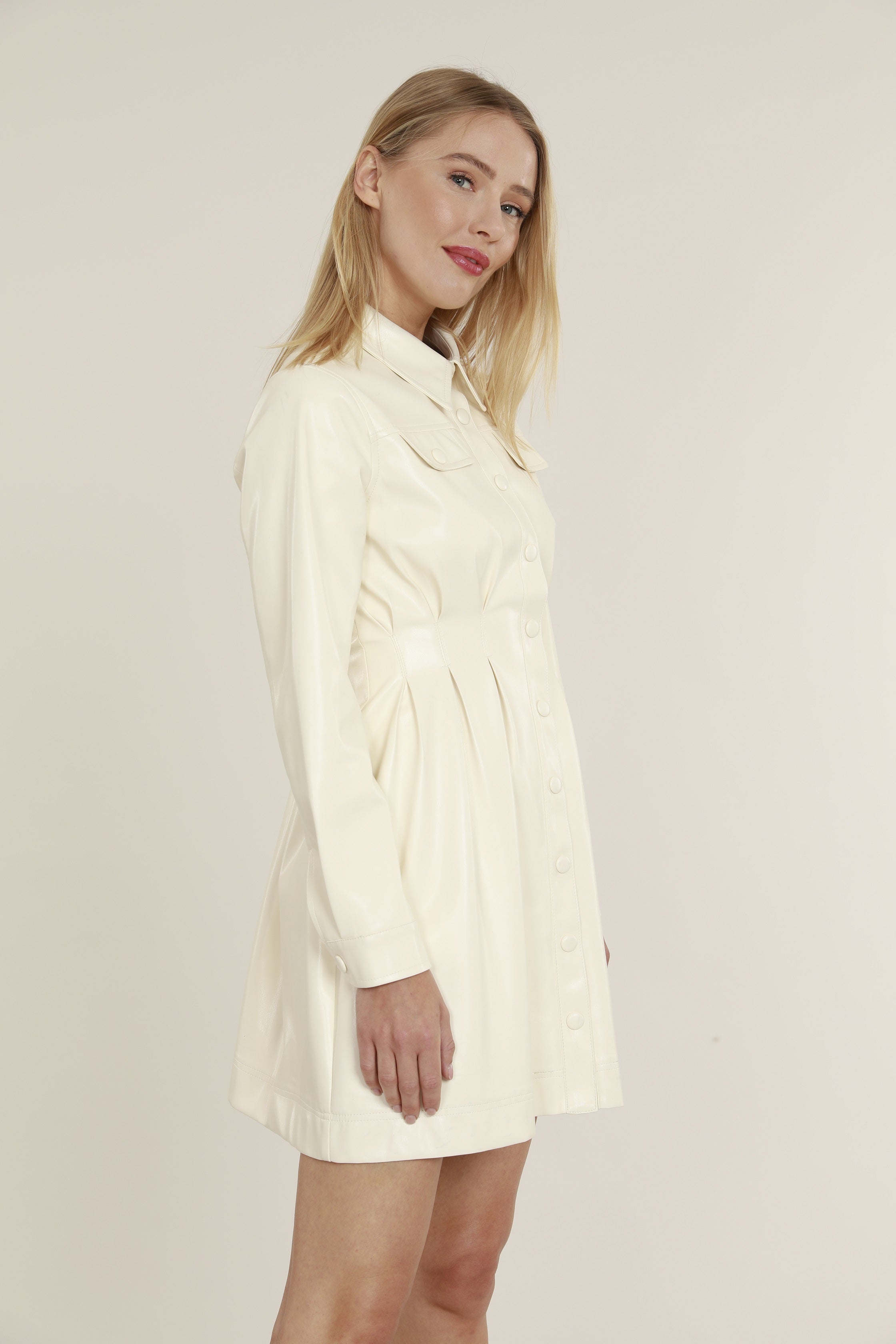 Faux Leather Shirt Dress with Pintuck Waist Ivory / S