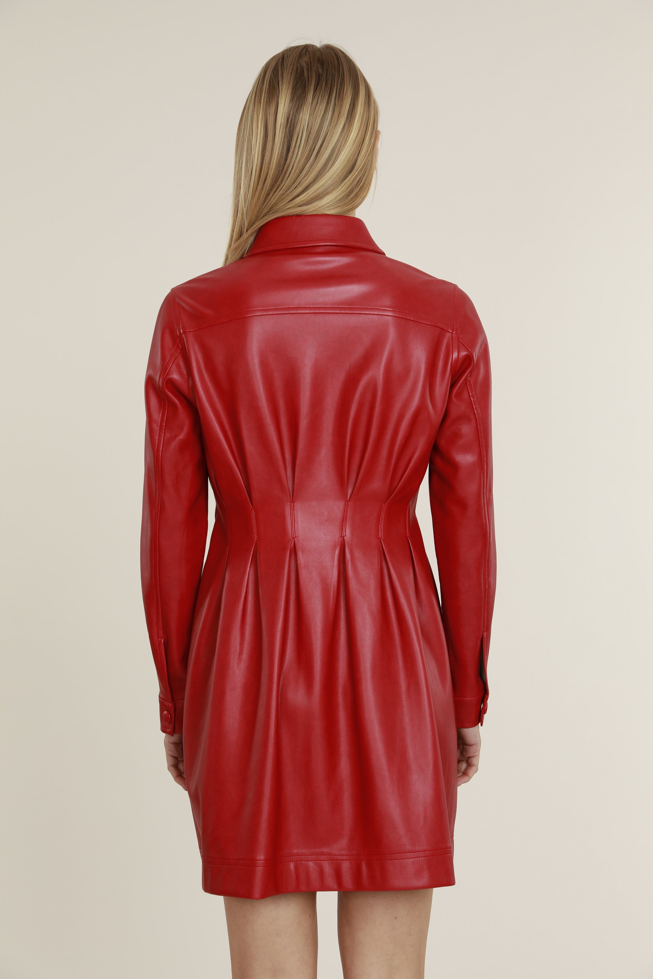 Faux Leather Shirt Dress with Pintuck Waist Ivory / S Faux Leather Shirt Dress with Pintuck Waist Ivory / S
