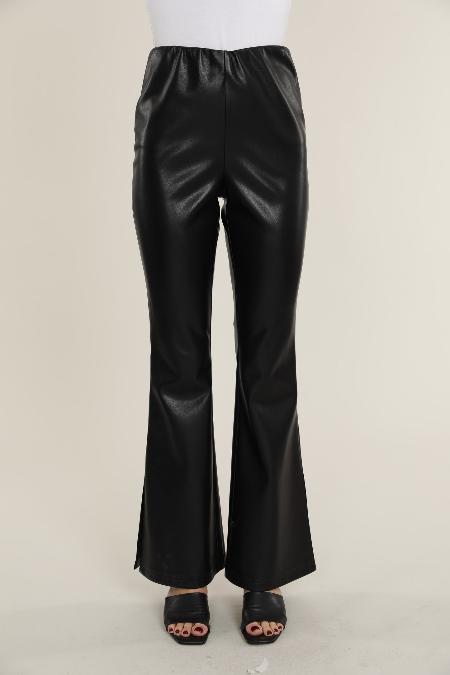 Black Faux Leather Slit Fit and Flare Pants