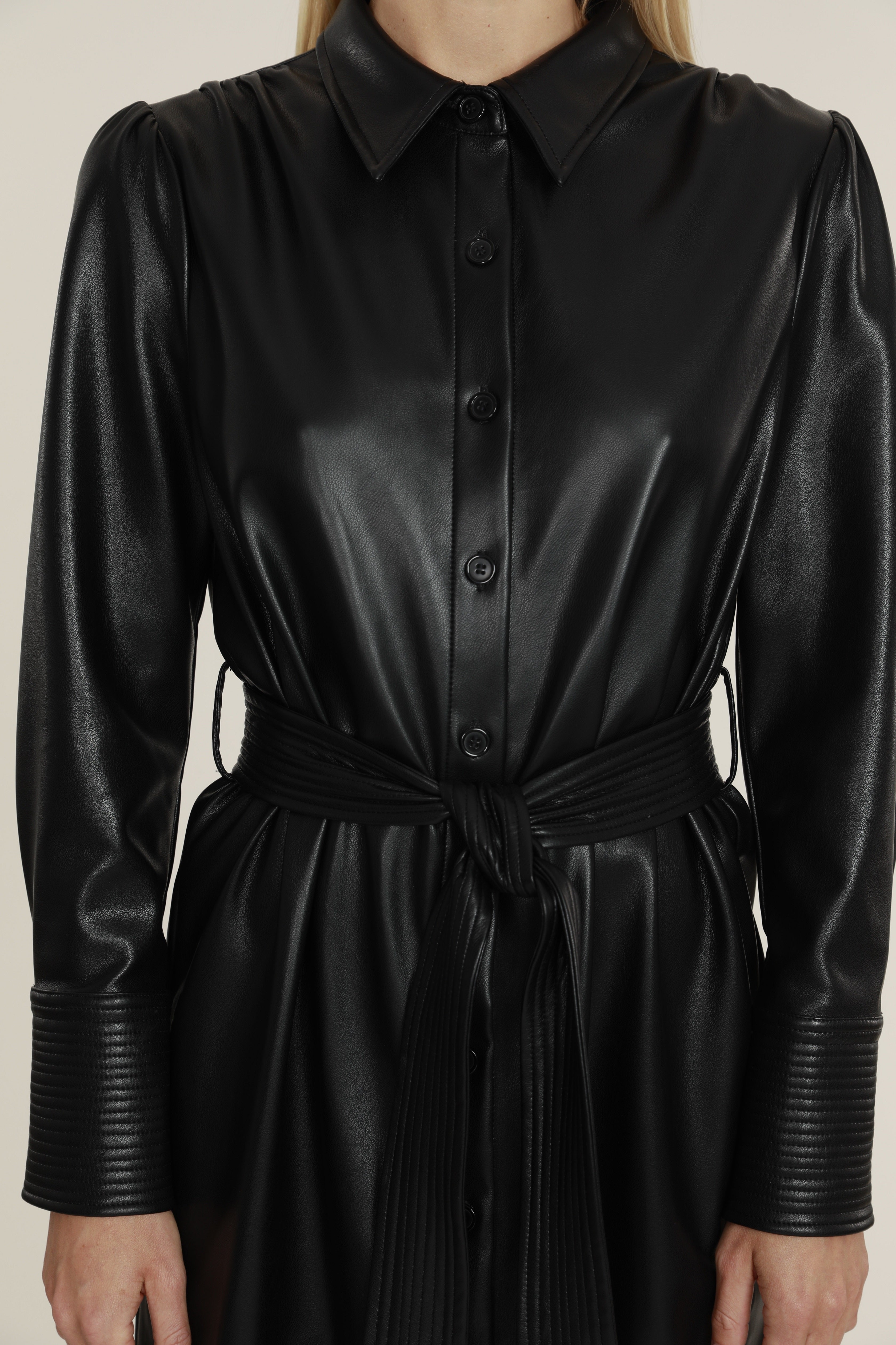 Faux Leather Shirt Dress Black / S Faux Leather Shirt Dress Black / S