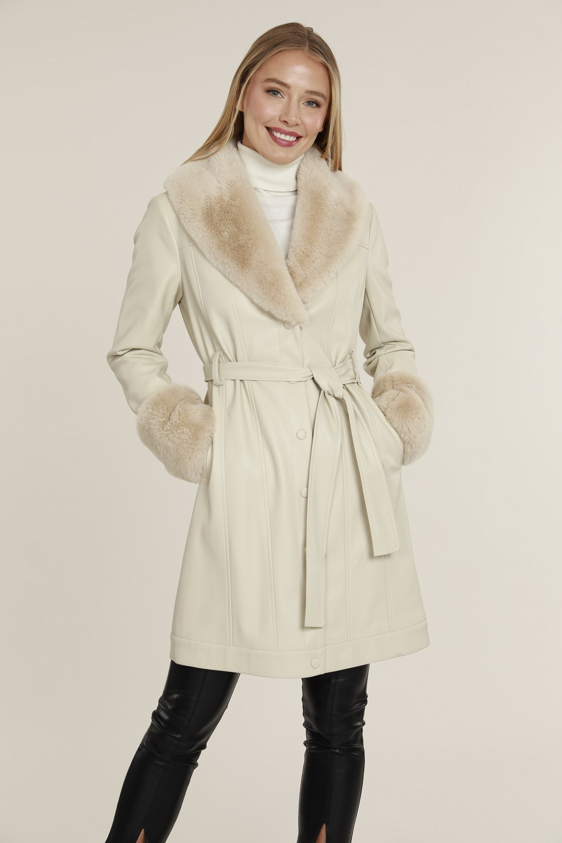 Faux Leather Trench Coat with Fur Trim – Dolce Cabo