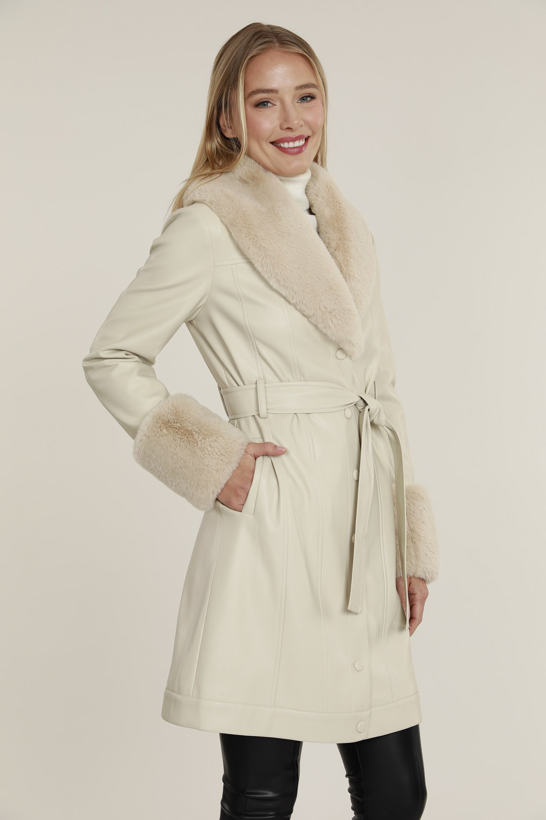 Faux Leather Trench Coat with Fur Trim – Dolce Cabo