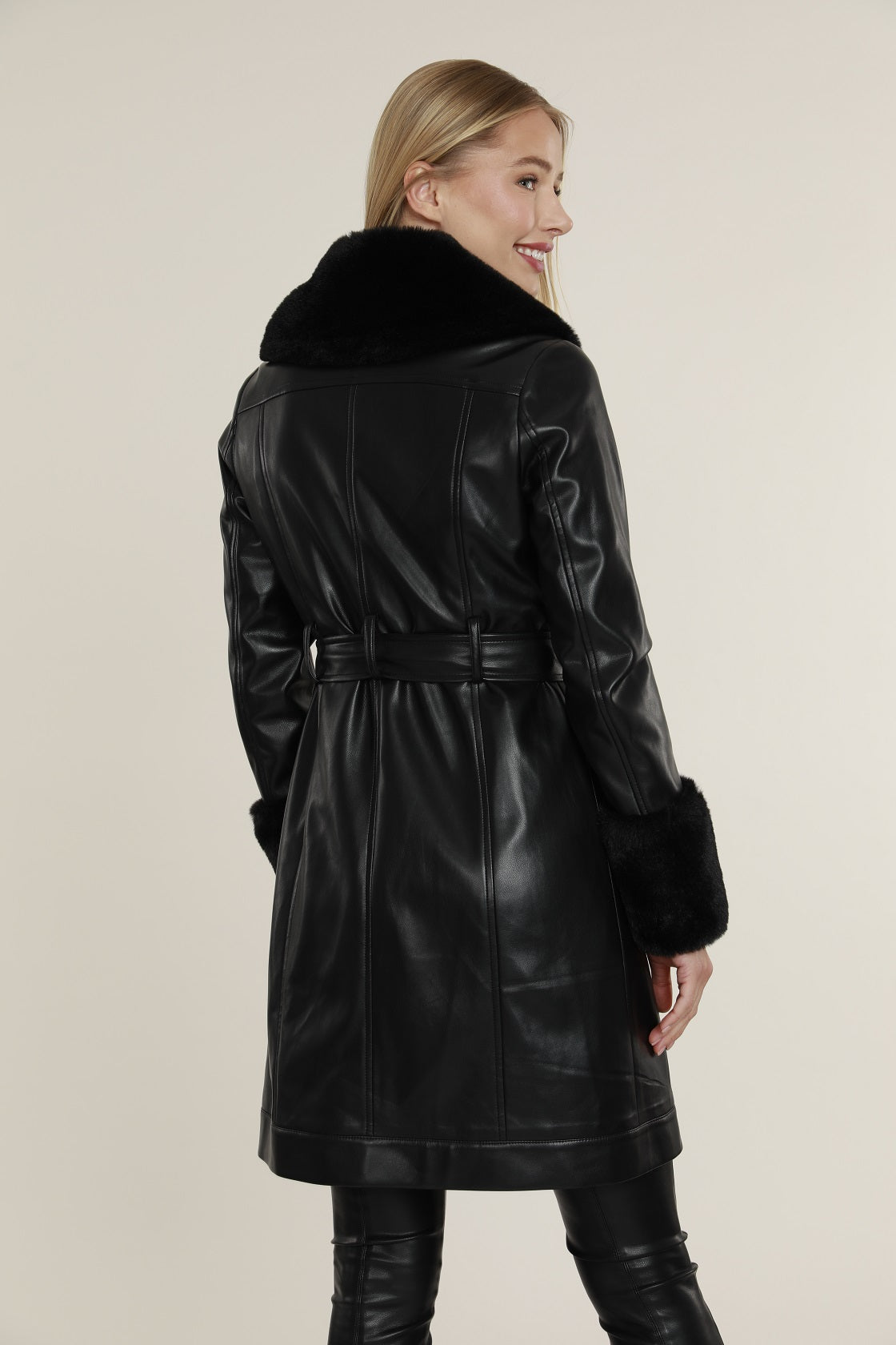 Faux Fur Trim Vegan Leather Belted Coat