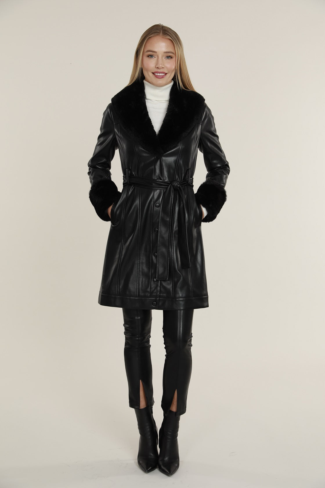 Faux Leather Trench Coat with Fur Trim