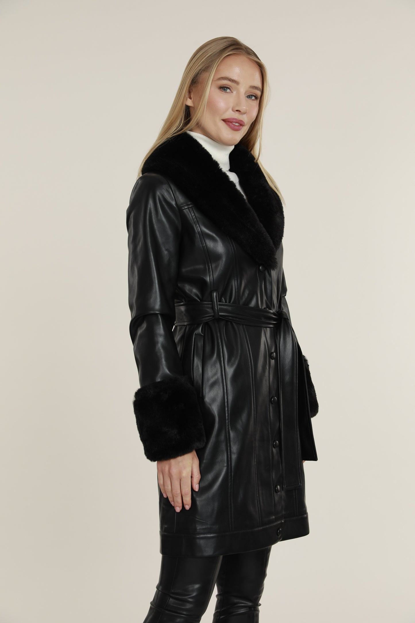Faux Leather Trench Coat with Fur Trim