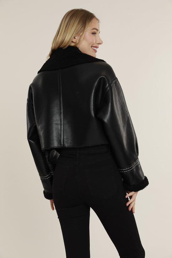 Load image into Gallery viewer, Faux Shearling Vegan Leather Zip Jacket
