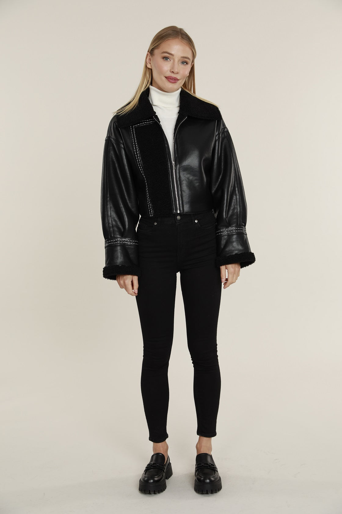 Load image into Gallery viewer, Faux Shearling Vegan Leather Zip Jacket
