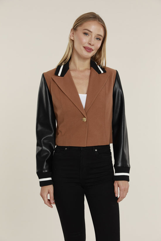 Faux Leather Sleeve Blazer with Racing Stripe Detail