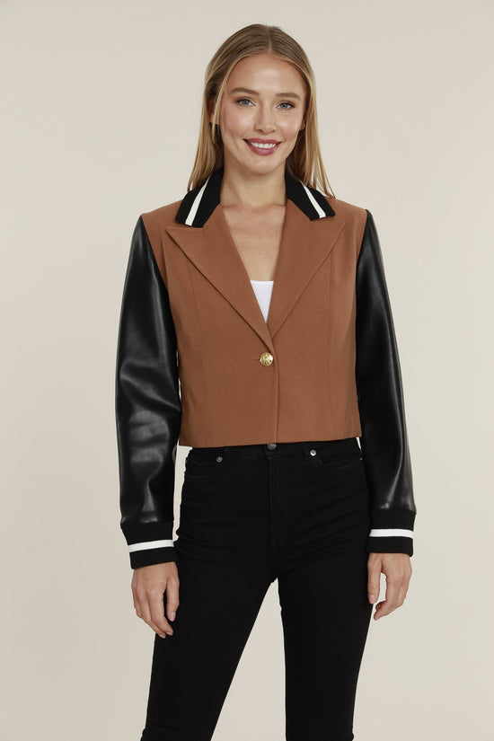 Faux Leather Sleeve Blazer with Racing Stripe Detail