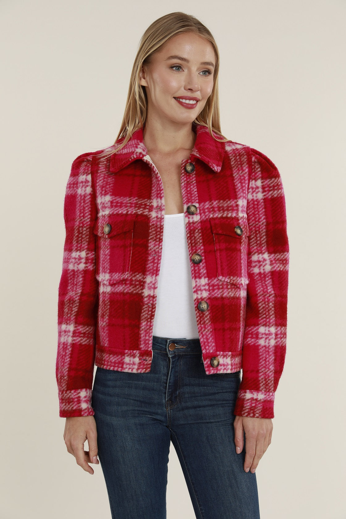 Load image into Gallery viewer, Cropped Plaid Shacket with Puff Shoulders
