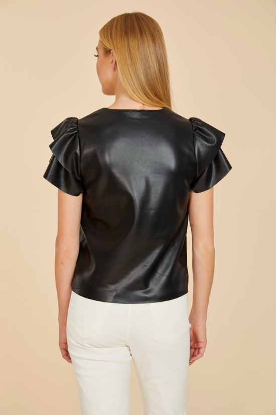 Faux Leather Flutter Sleeve Blouse