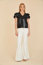 Faux Leather Flutter Sleeve Blouse