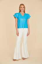 Faux Leather Flutter Sleeve Blouse